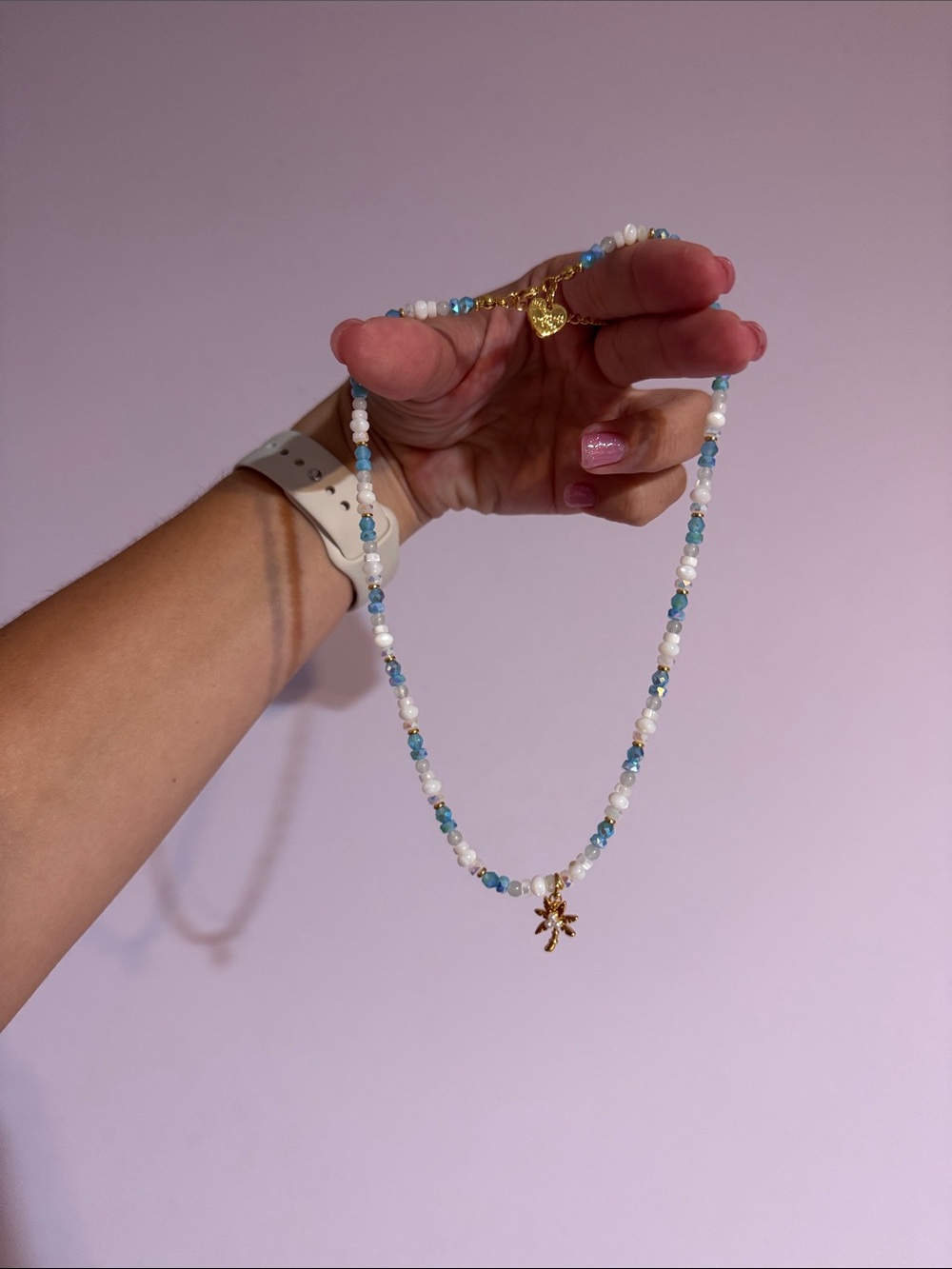 Gold Palm Charm Beaded Necklace - White & Light Blue